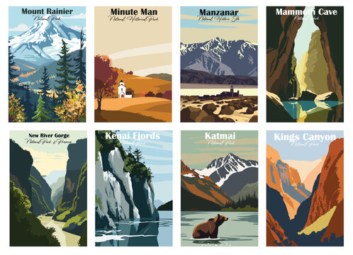 Set of 8 Vintage National Park Posters National Park Art Prints, Nature Wall Art, and Mountain Print Travel Wall Art Living Room Bedroom Bathroom Decor.
