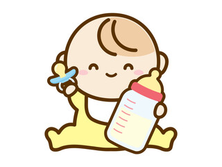 哺乳瓶とおしゃぶりを持って喜ぶ赤ちゃんのイラスト、フラットスタイルのベクターイラスト03