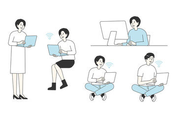 A variety of characters are surfing the Internet on their laptops. flat design style vector graphic illustration set