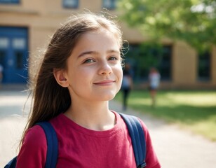 A girl wearing a pink shirt and blue backpack is smiling. She is standing in front of a school