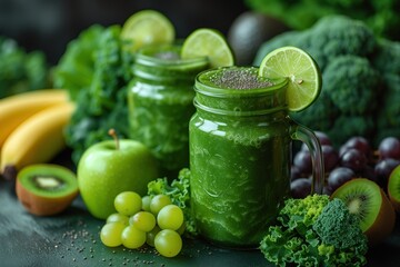green smoothie in a glass with ingredients