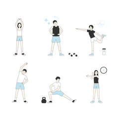 Fototapeta na wymiar People character exercising. People are doing warm-up exercises in various movements. flat design style minimal vector illustration.