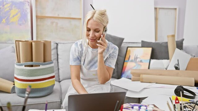 Attractive blonde woman artist absorbed in painting, sitting indoors at her art studio, juggling between talking on smartphone and online lessons on laptop.