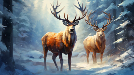 Two brown nordic reindeer with large antlers in a snow - obrazy, fototapety, plakaty