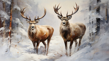 Naklejka na ściany i meble Two brown nordic reindeer with large antlers in a snow