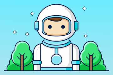 An astronaut floats in space with a tree-lined planet in the background, highlighting the beauty of nature amidst the vastness of the cosmos.