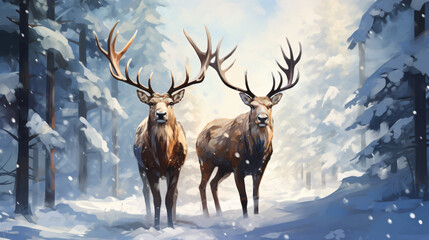 Two brown nordic reindeer with large antlers in a snow - obrazy, fototapety, plakaty