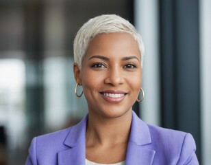 An african american woman in a purple jacket and white shirt is smiling.