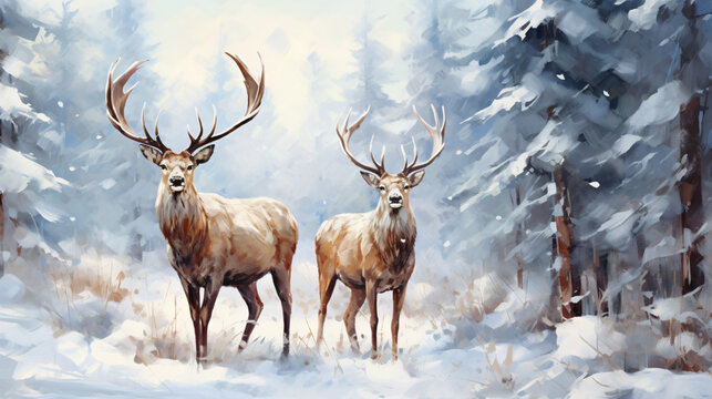 Two brown nordic reindeer with large antlers in a snow