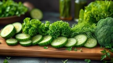 vegetables and herbs on a wooden kitchen board