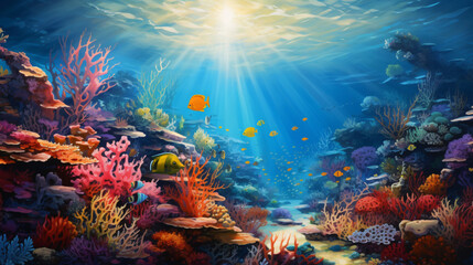 Fototapeta na wymiar Underwater scene with reef oil paint 