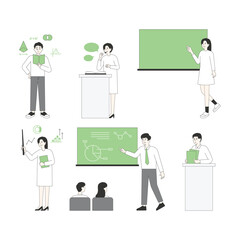 A collection of teacher characters who teach in various ways. flat design style minimal vector illustration.