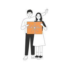 Couples giving Valentine's Day gifts. Couples are holding a surprise event with their hands covering their eyes or hiding gifts behind their backs. flat design style minimal vector illustration.