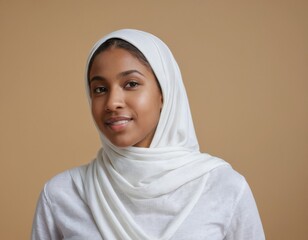 An african american muslim smiling young woman wearing a wearing white hijab.