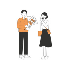Couples giving Valentine's Day gifts. Couples are holding a surprise event with their hands covering their eyes or hiding gifts behind their backs. flat design style minimal vector illustration.
