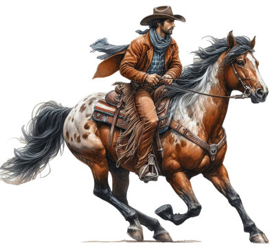 Watercolor illustration of a cowboy riding a horse at a rodeo.
