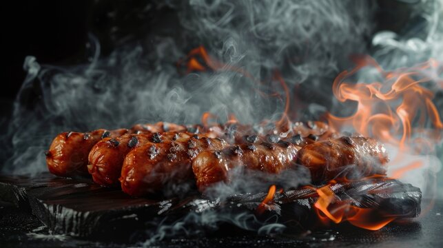 Grilled sausages with fire and smoke on a dark background, 