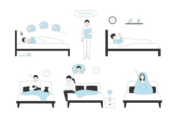 People suffering from insomnia due to various problems. flat design style minimal vector illustration.