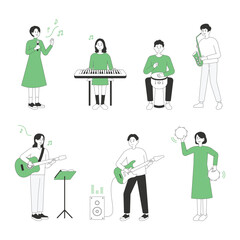 Young musicians playing various instruments such as keyboard, tambourine, trumpet, djembe, guitar flat design style minimal vector illustration.