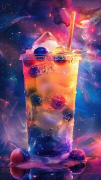 Iced bubble tea on wooden table in cafe. Fashionable modern coffee shop. Food photography. Asian beverage with ice, and tapioca balls in disposable cup. Tasty cold sweet colorful drink with berries.
