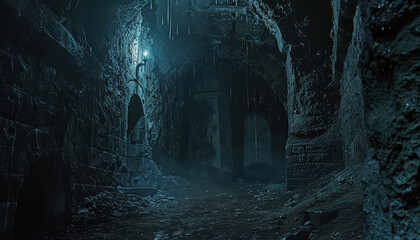 A dark tunnel with a blue glow - obrazy, fototapety, plakaty