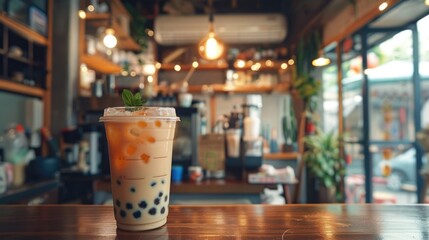 Bubble tea on wooden table in cafe. Fashionable modern coffee shop. Food photography. Asian beverage with ice, milk and tapioca balls in disposable cup. Tasty cold sweet drink. Iced latte with boba.