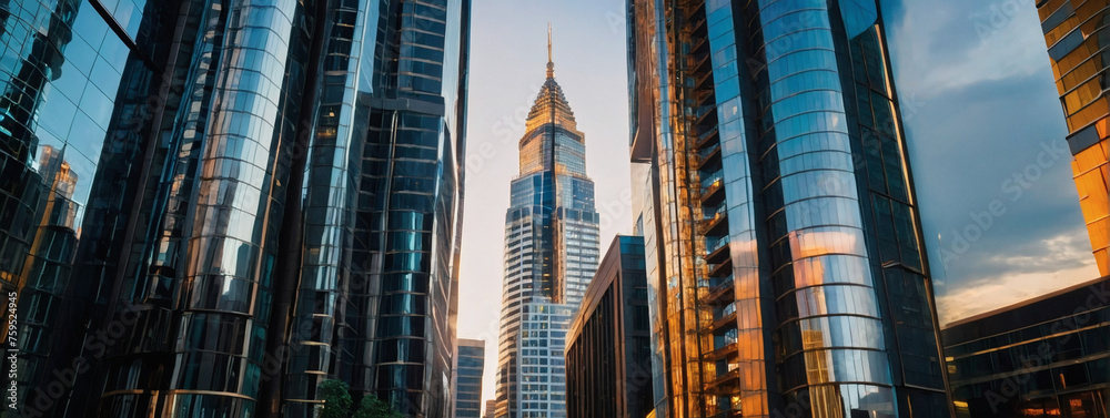 Wall mural Reflective Skyscrapers and Office Towers Evoking the Pulse of Modern Business Life.