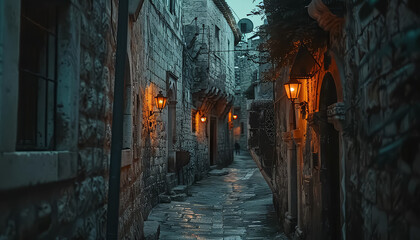 A dark alleyway with a street lamp in the middle - obrazy, fototapety, plakaty