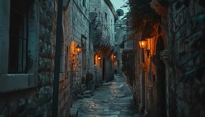 Fotobehang Smal steegje A dark alleyway with a street lamp in the middle