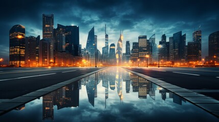 Illuminated skyscrapers at night street 