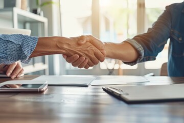 Two professionals handshake over a business deal in the office. - obrazy, fototapety, plakaty