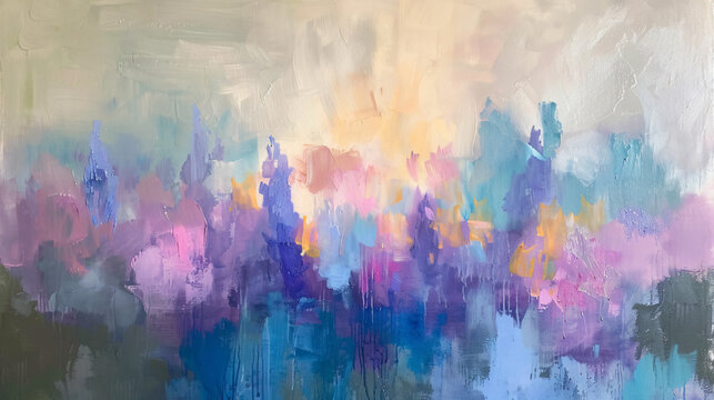 Vibrant abstract oil painting showcases a field
