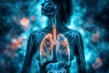 a woman's body with a glowing lungs - obrazy, fototapety, plakaty