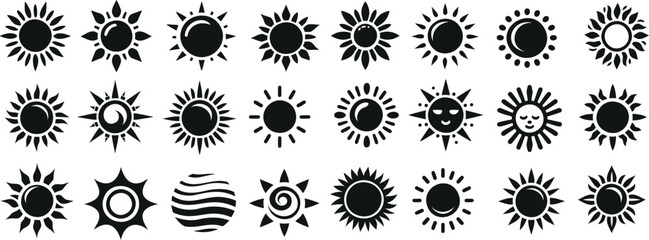 collection of sun silhouettes, ideal sun Vector for logos, icons, emblems. High quality, editable sun icon graphics for digital and print projects. Unique designs featuring rays and circles - obrazy, fototapety, plakaty