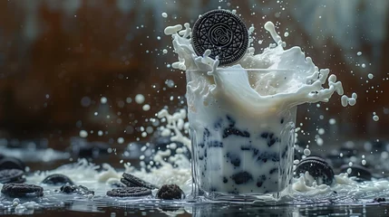 Poster falling cookies in splashes of milk © AllFOOD