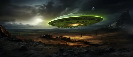 Gartenposter Vintage Flying saucer UFO crash site with green alien © Black