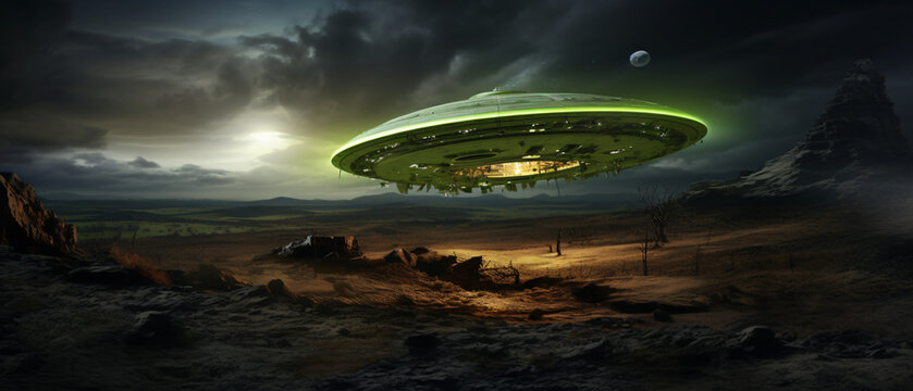 Vintage Flying saucer UFO crash site with green alien