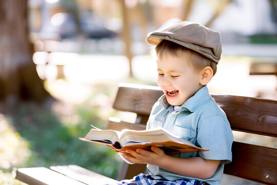 Cute little boy reading holy bible book at countryside