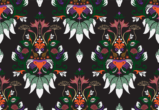 Seamless floral paisley embroidery seamless floral pattern mixed with tiger face on black background. Aztec style abstract vector illustration. design for texture, fabric, clothing, decoration.