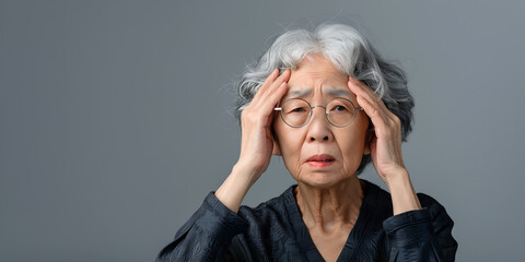 Asian elder woman suffering dizziness, vertigo, headache, fainting attack or stress.