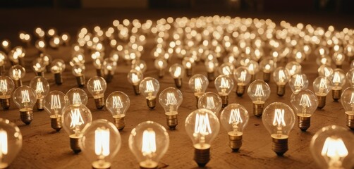 Lots of light bulbs scattered on the floor and glowing on their own.
