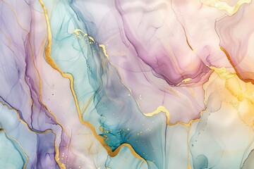 Pastel-colored alcohol ink background with a golden elements. Gentle and calming aesthetic. AI generative