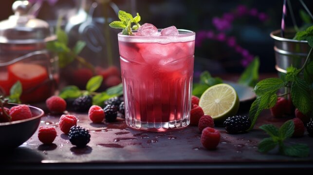 Juice or lemonade in a glass, made from different fruits and berries. A refreshing refreshing drink. A healthy organic drink. Proper nutrition and diet.