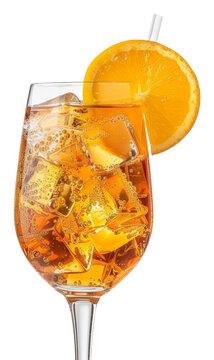 Spritz aperitif cocktail with orange slice in wine glass on transparent background - stock png.