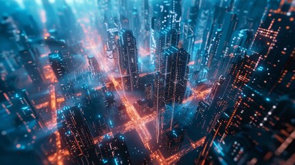 Cybernetic Cityscape at Night, Suitable for Futuristic Urban Design Concepts