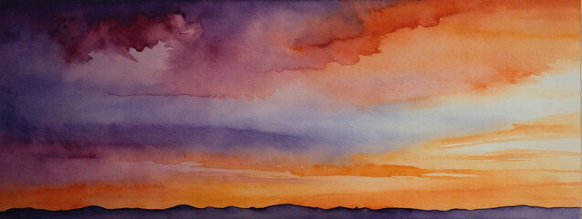 Watercolor background reminiscent of a sunset sky, using vibrant oranges and deep purples to evoke a sense of serenity and wonder.
