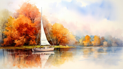 Watercolor drawing autumn landscape sailing boat 