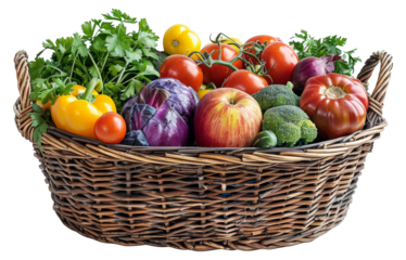 Wicker basket brimming with colorful vegetables and fruits, cut out - stock png.