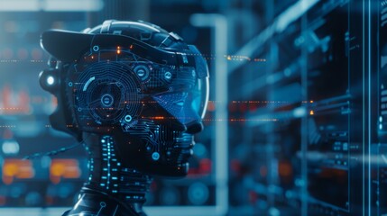 Digital Humanoid Robot Head with Futuristic Interface, for AI tech advancement