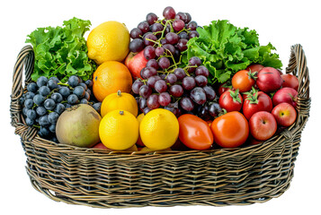 Wicker basket brimming with colorful vegetables and fruits, cut out - stock png.